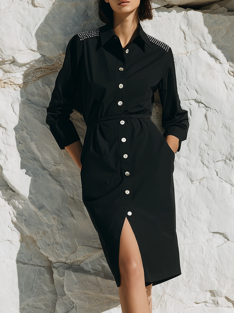 Stylish Shoulder Embellishments Black Shirt Midi Dress