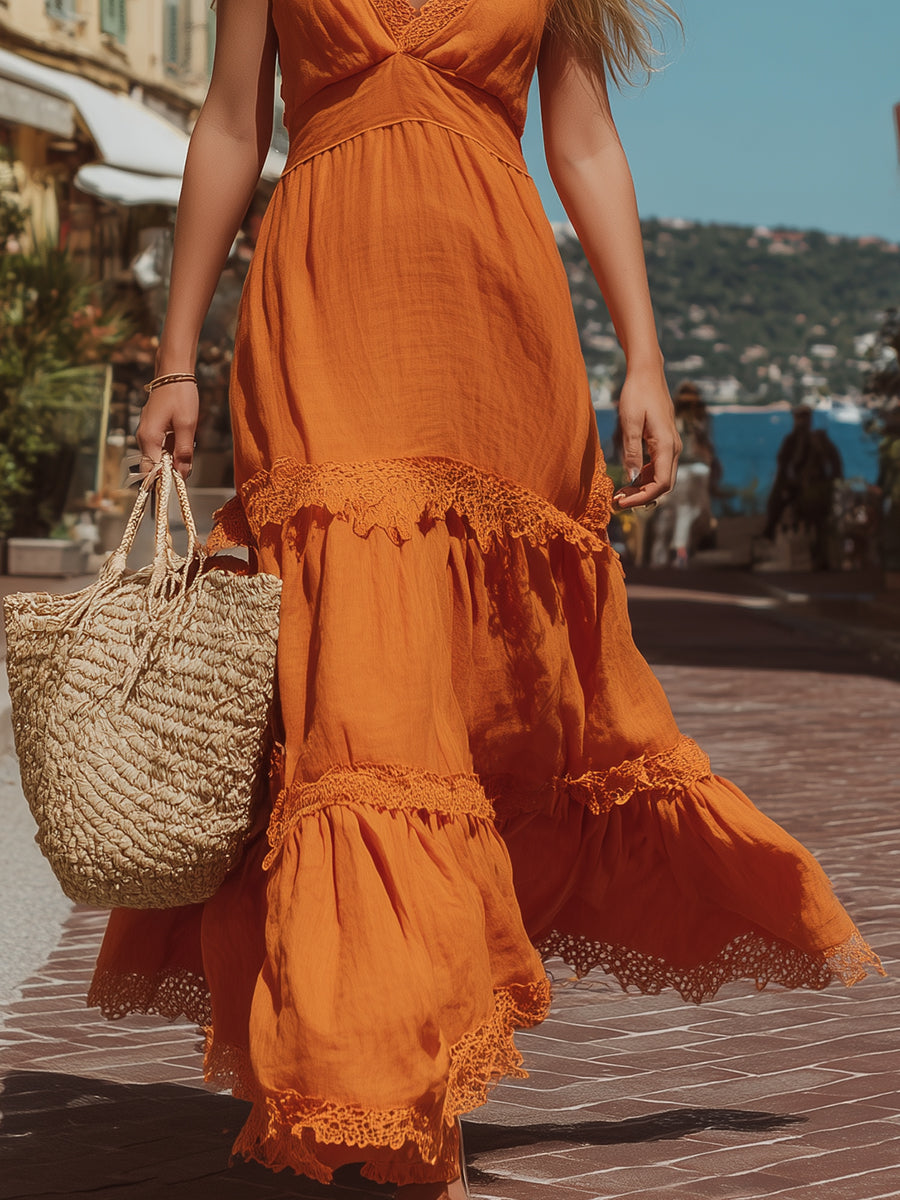 French-style Resort Orange Cotton Linen V-neck Contract-paneled Lace-trimmed Sleeveless Maxi Dress