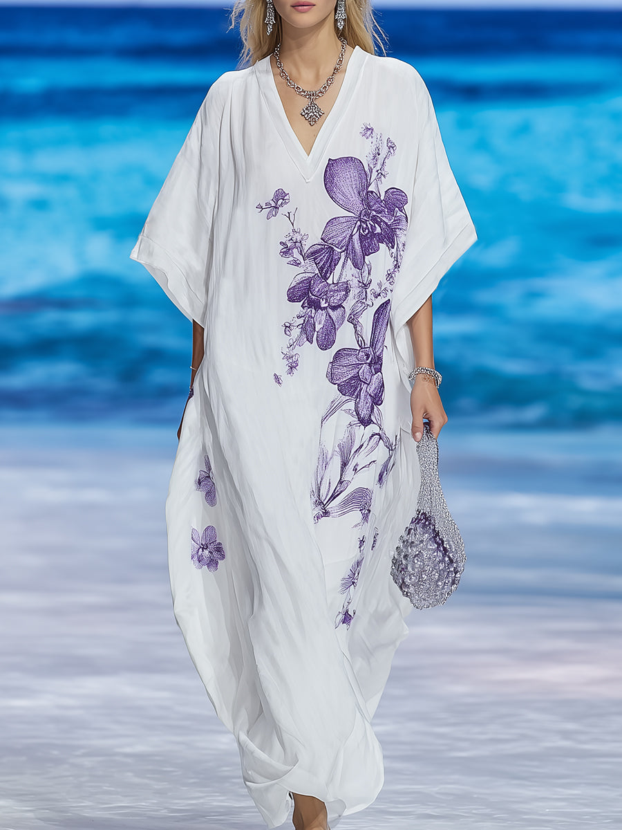 Bohemian Resort Purple Floral Print White Cotton Linen V-Neck Batwing Sleeve Maxi Dress