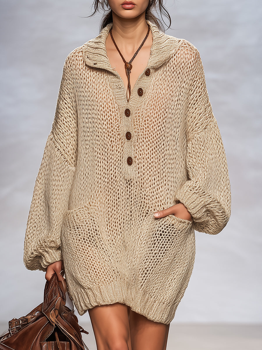 Casual Lazy Button Loose Beige Hollow Knitted Mini Dress