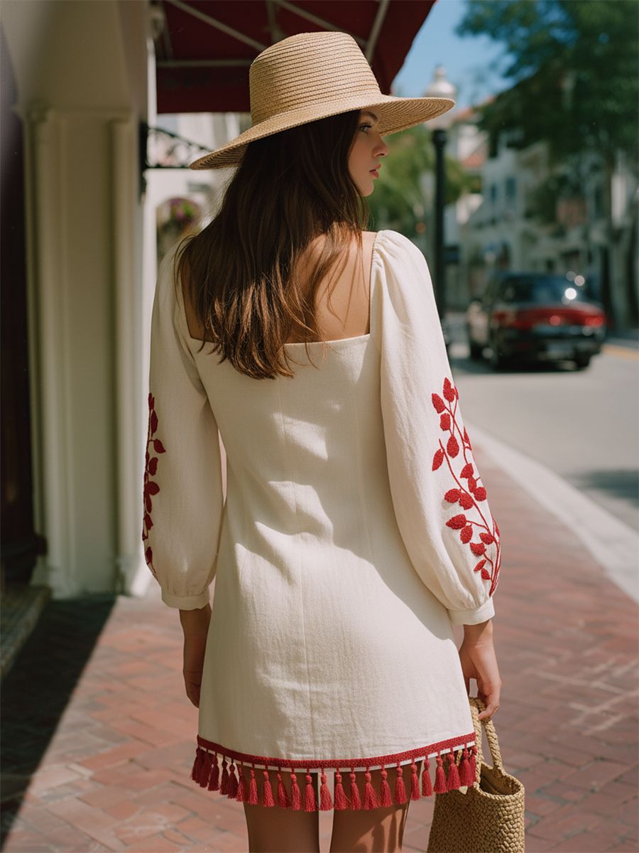 Bohemian Red 3D Embroidered Fringed Hem Off-white Cotton And Linen Mini Dress