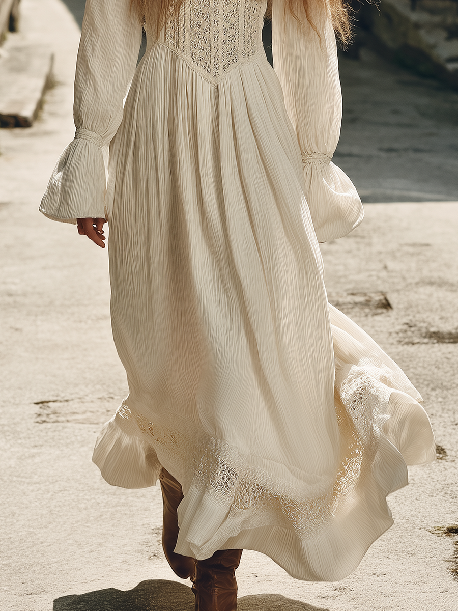 Romantic Bohemian Lace Top With Textured Hem Maxi Dress