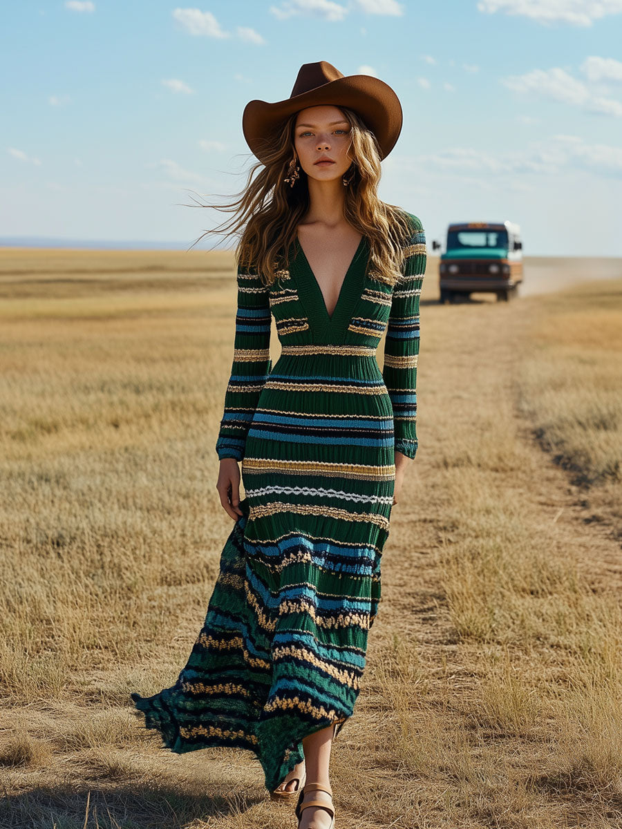 Vintage V-Neck Striped Knitted Long-Sleeved Maxi Dress