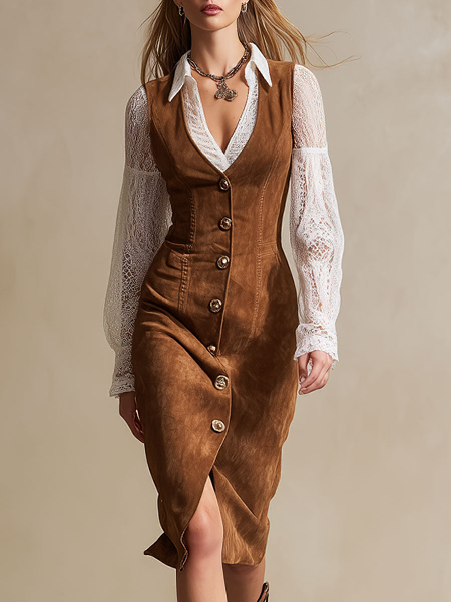 Vintage Caramel Suede Lace Long Sleeve Midi Dress