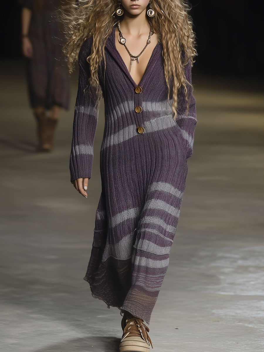 Retro Casual Grape Purple Woolen Ribbed Hooded Maxi Dress