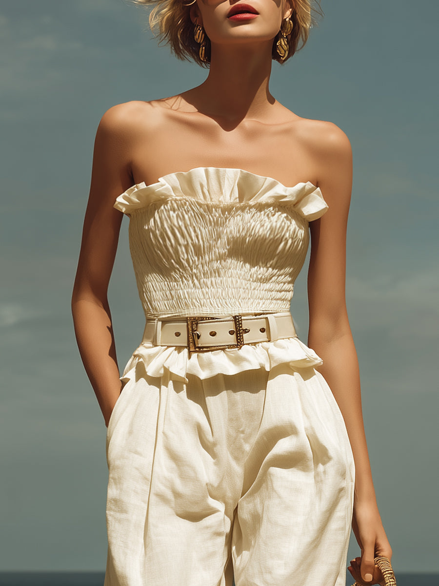 French Minimalist Off-white Cotton Linen Strapless Top And Wide-leg Pants Set