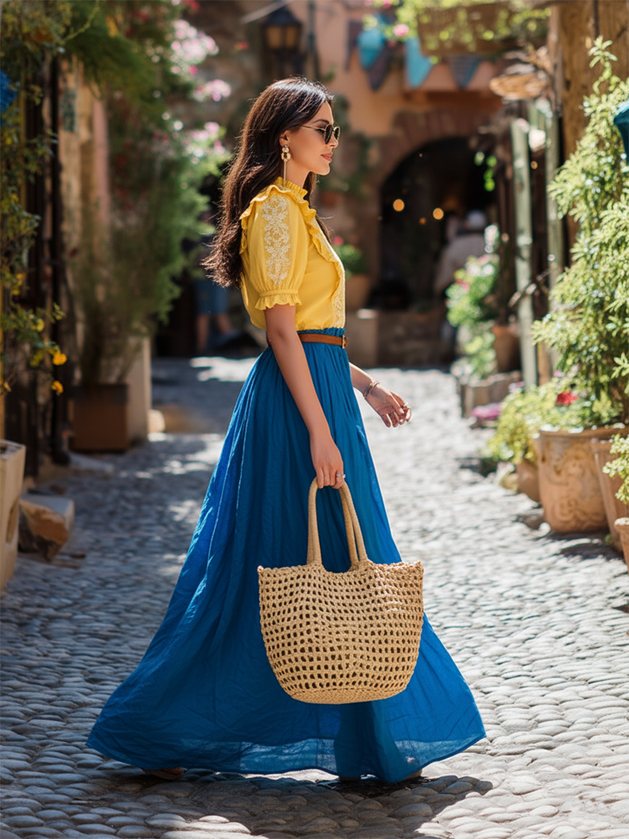 Cotton Round-neck Short-sleeved Top And Skirt Set