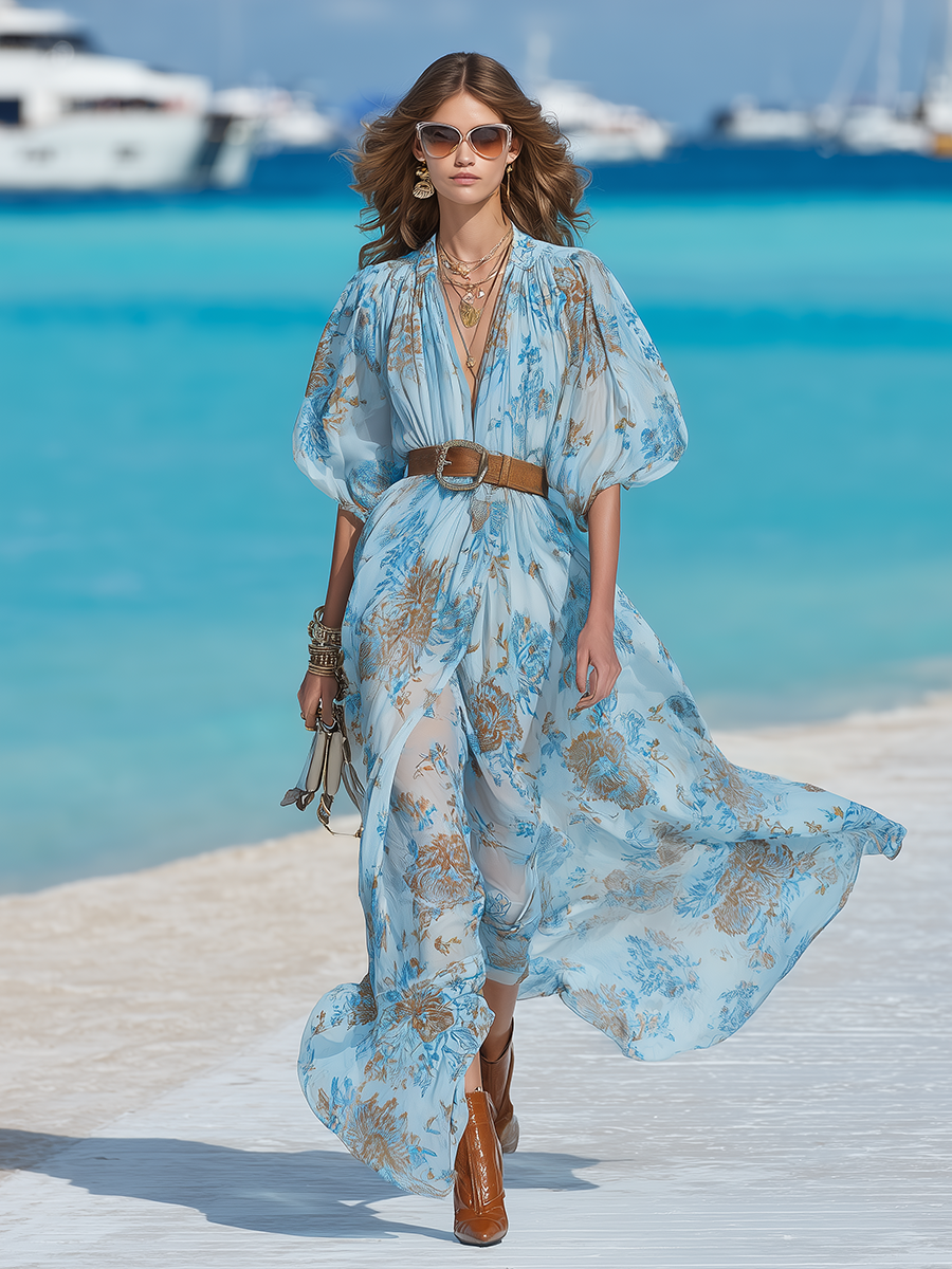 V-neck Resort-style Chiffon Printed Maxi Dress