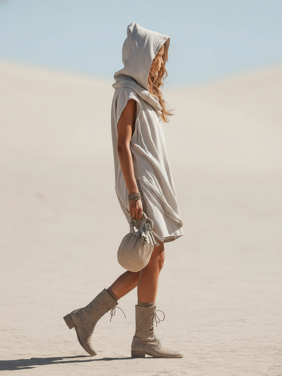 Vacation-style Gray Cotton Sleeveless Loose Mini Dress