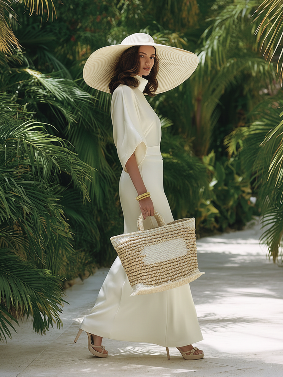 Simple And Stylish Vacation-style Wide-sleeved Top And Skirt Satin Set