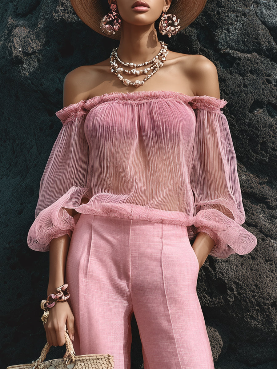 Luxury Resort Style Dusty Rose Pink Chiffon Off-Shoulder Top And Linen Wide-Leg Pants Set