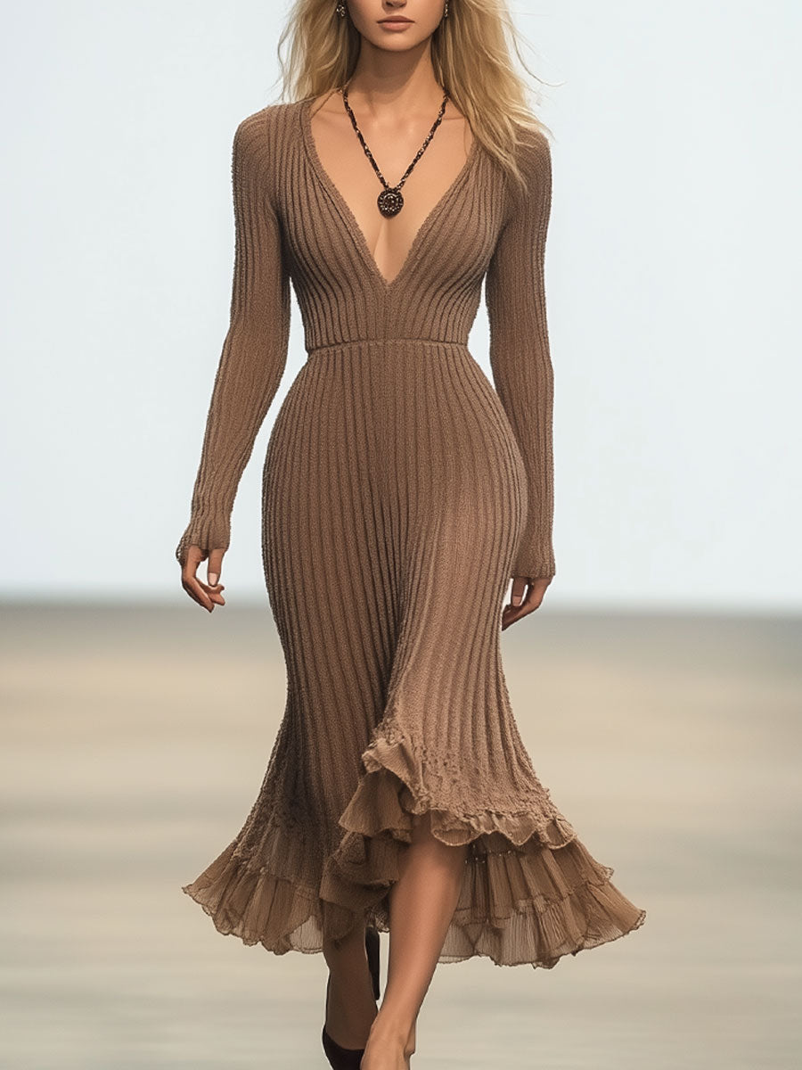 Fashionable And Elegant Light Brown V-Neck Lace Long-Sleeved Woolen Midi Dress