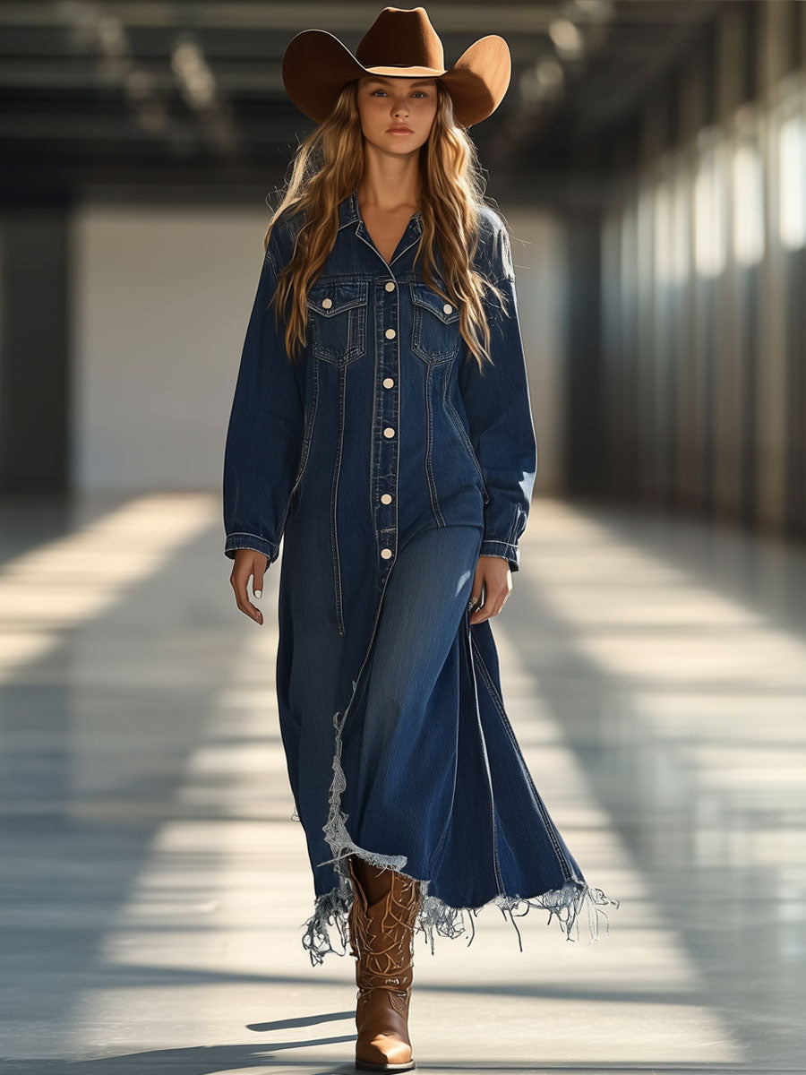 Retro Casual Loose Dark Blue Denim Long Sleeve Raw Edge Midi Dress