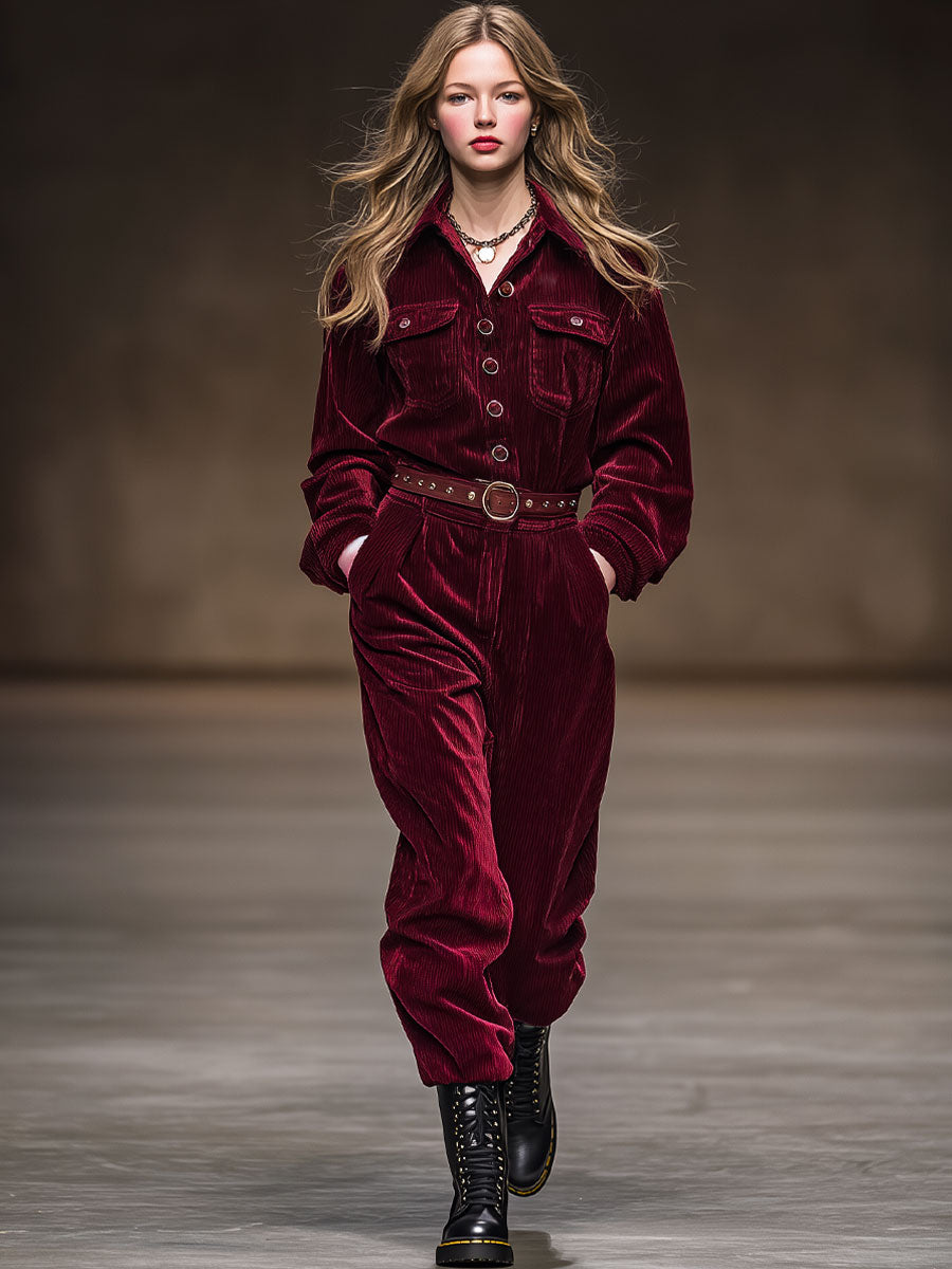 Retro Casual Burgundy Corduroy Lapel Long-Sleeved Jumpsuit