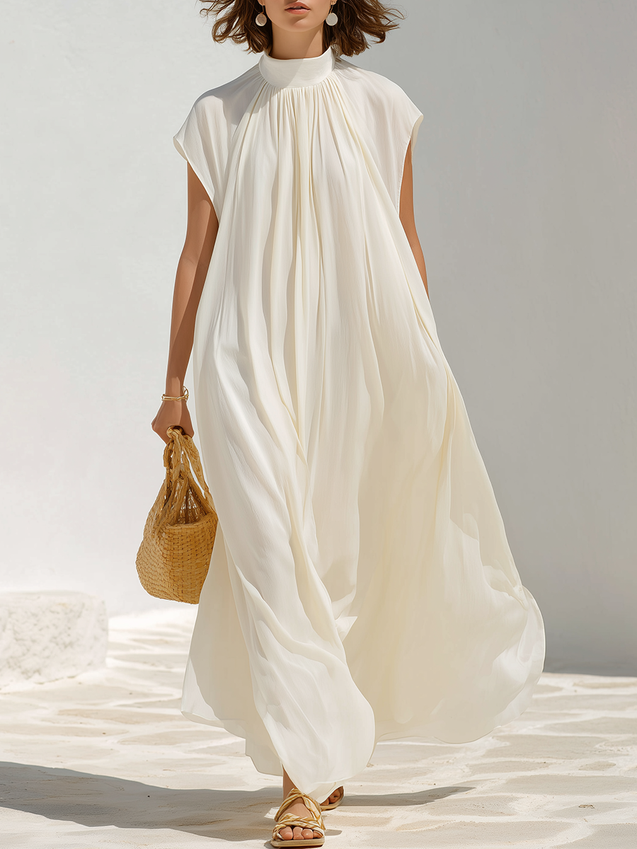Resort-style Off-white Loose-fitting Turtleneck Short-sleeved Maxi Dress