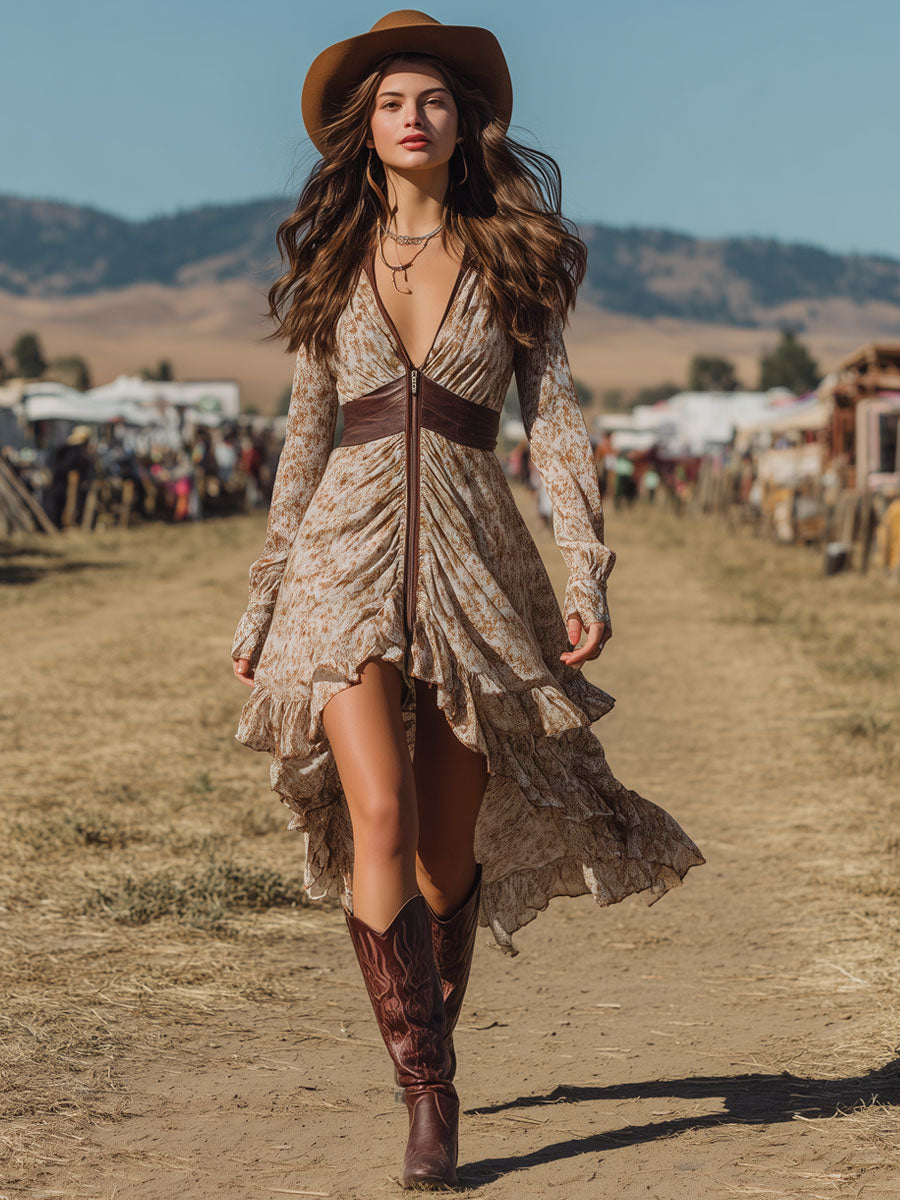 Vintage Bohemian Chiffon Print Zipper Faux Leather Panel Long Sleeve Midi Dress