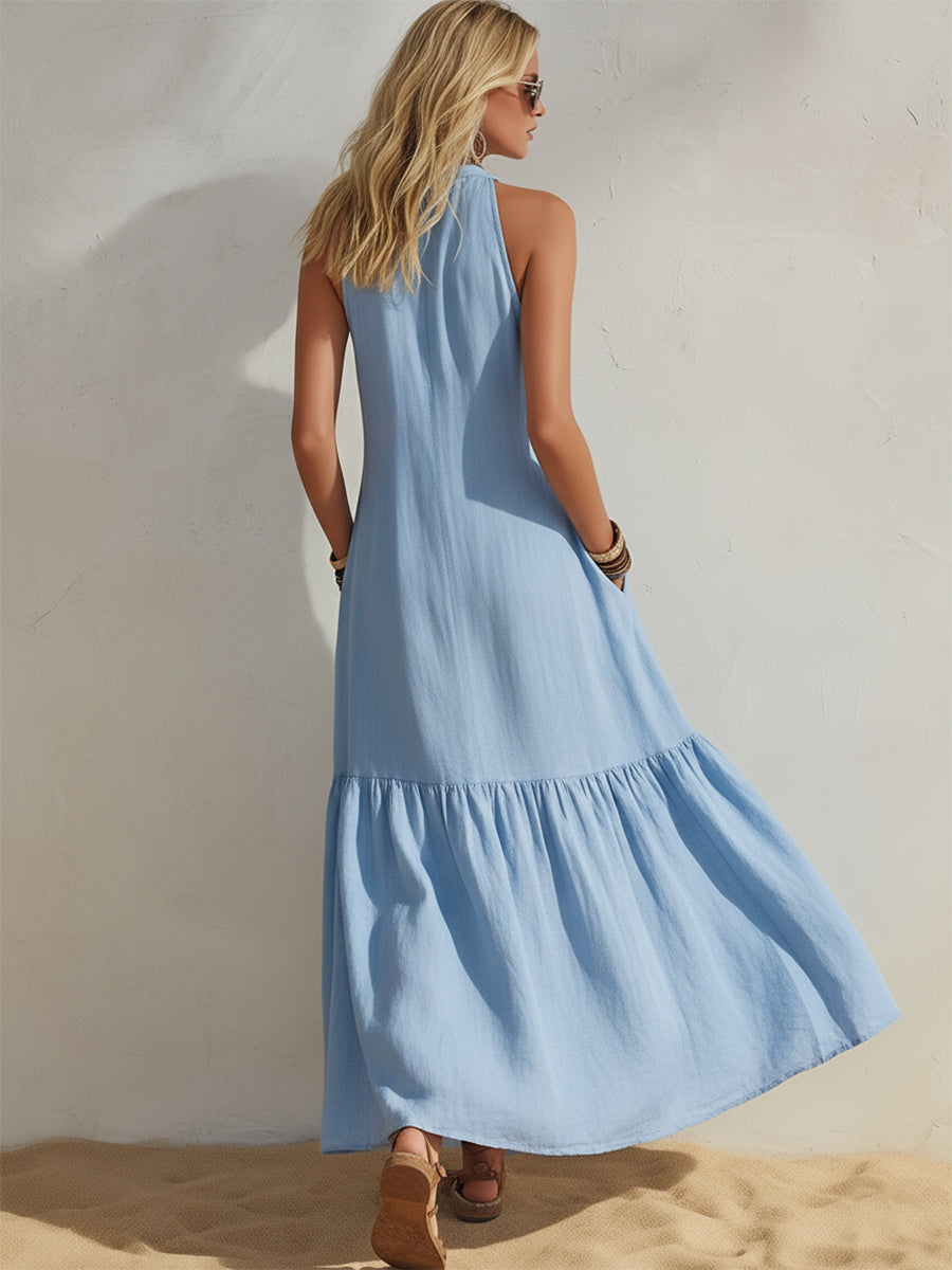 Bohemian Light Blue Cotton Linen Front Button Sleeveless Midi Dress