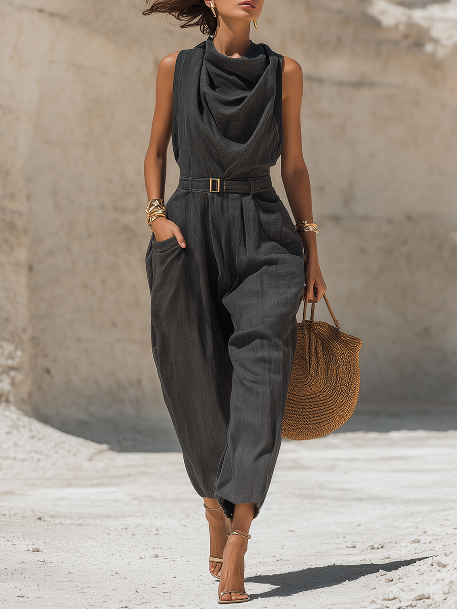 Stylish Gray Tencel Draped Top And Trousers Set