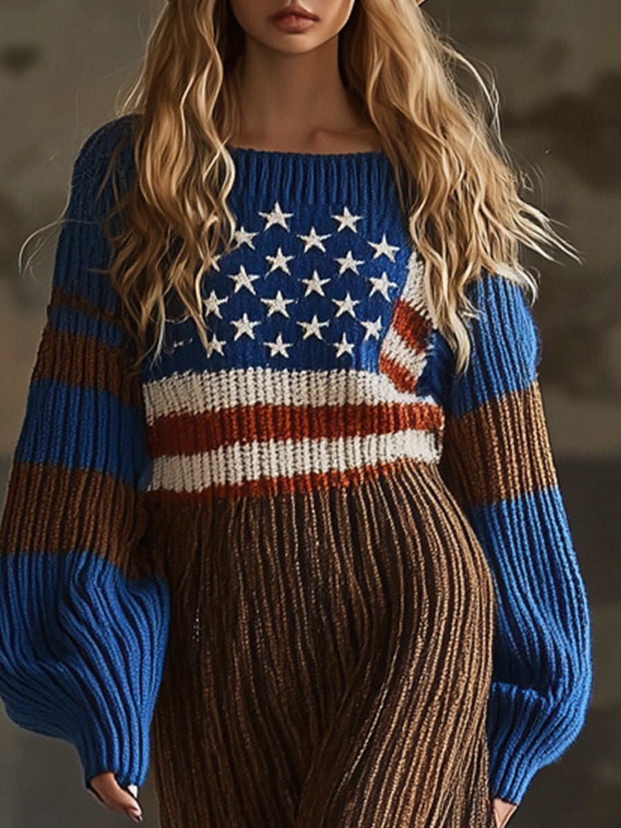 Loose Retro Round Neck American Flag Striped Knitted Raw Edge Midi Dress