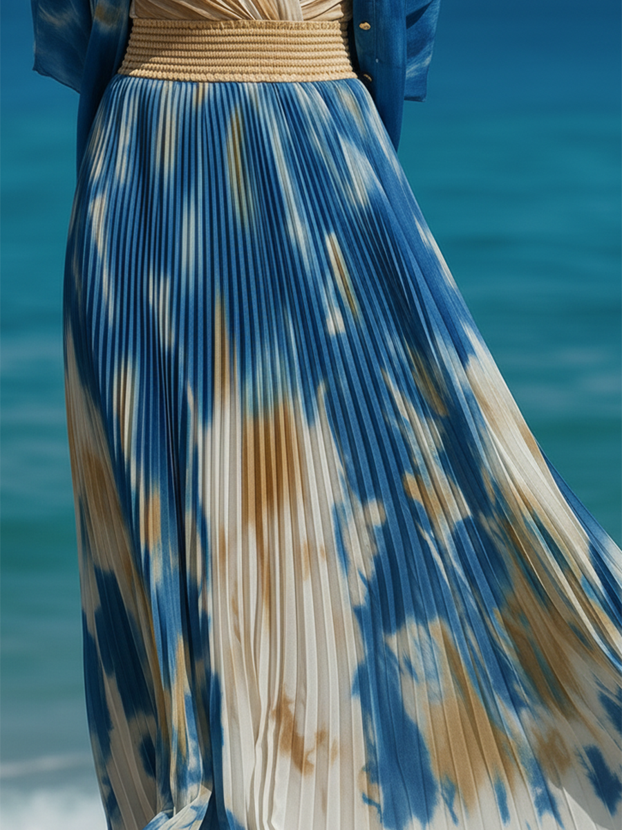 Stylish Vacation-style Printed Chiffon Shirt And Pleated Skirt Set