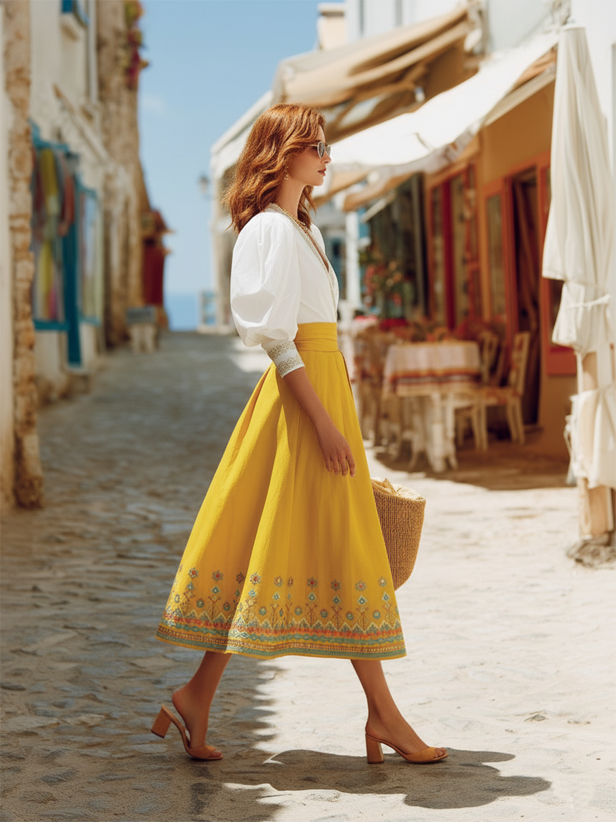 Bohemian Style Cotton V-neck Embroidered Skirt Set