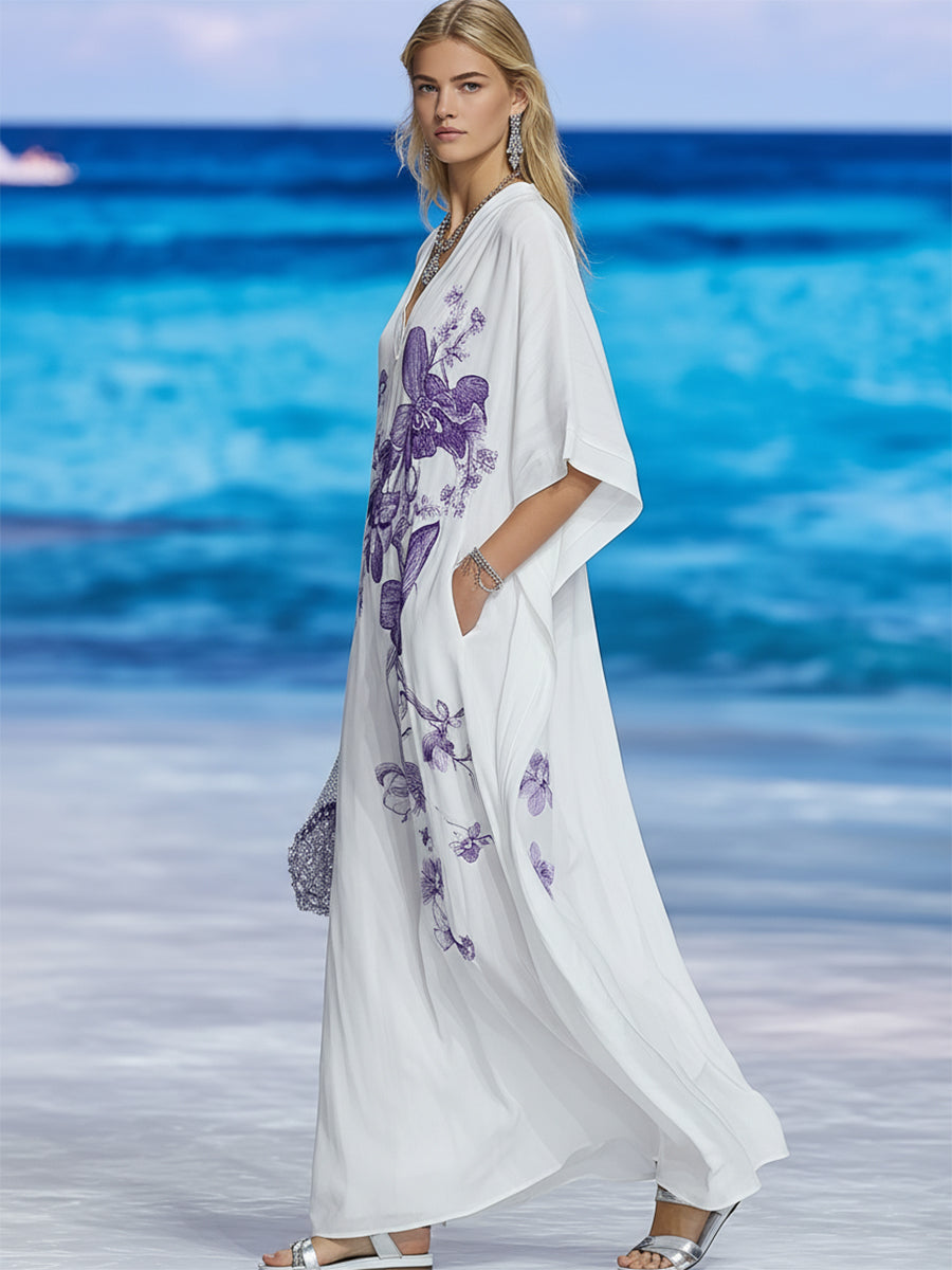Bohemian Resort Purple Floral Print White Cotton Linen V-Neck Batwing Sleeve Maxi Dress