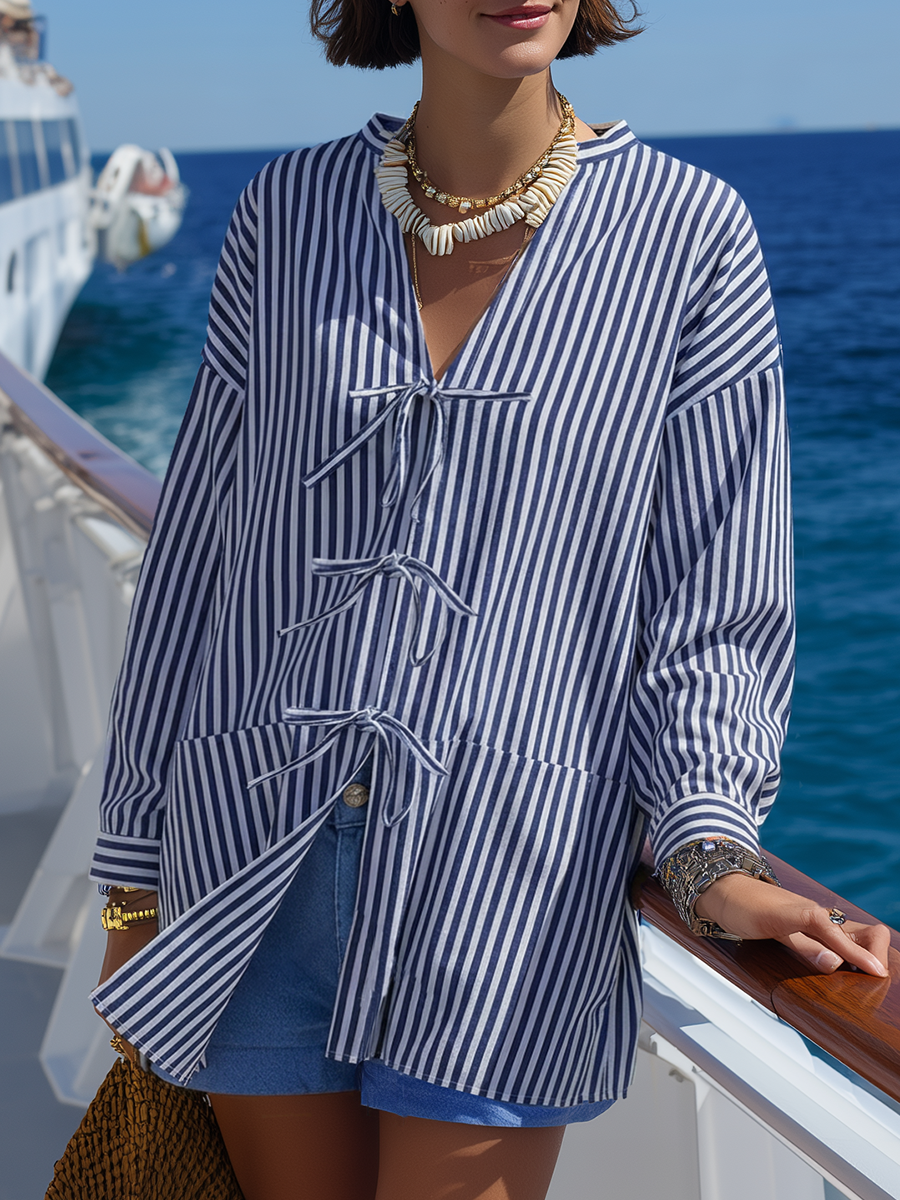 Casual Beach Style Front Tie-up Blue And White Striped Shirt