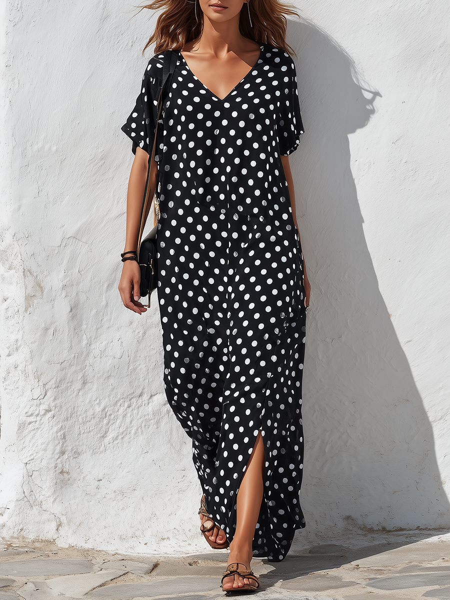 Resort-style Black And White Polka Dot V-neck Short-sleeved Maxi Dress