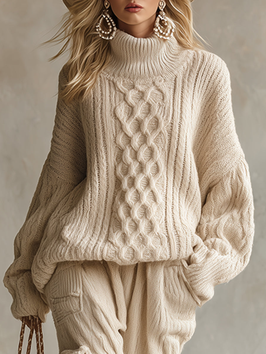 Elegant Loose Turtleneck Off-white Cable Knit Sweater