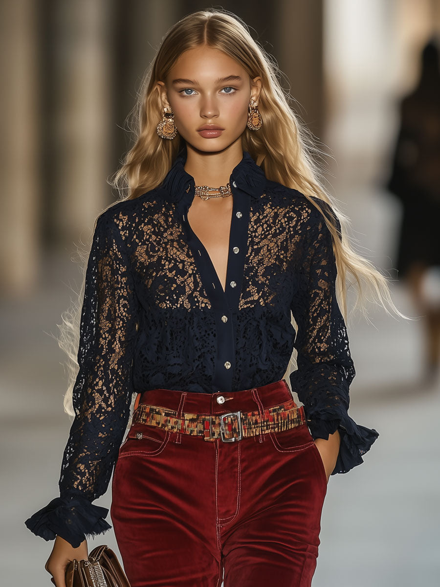 Retro Elegant Navy Lace Long Sleeve Shirt
