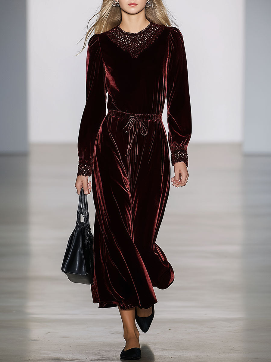 Elegant Retro Burgundy Velvet Lace Maxi Dress
