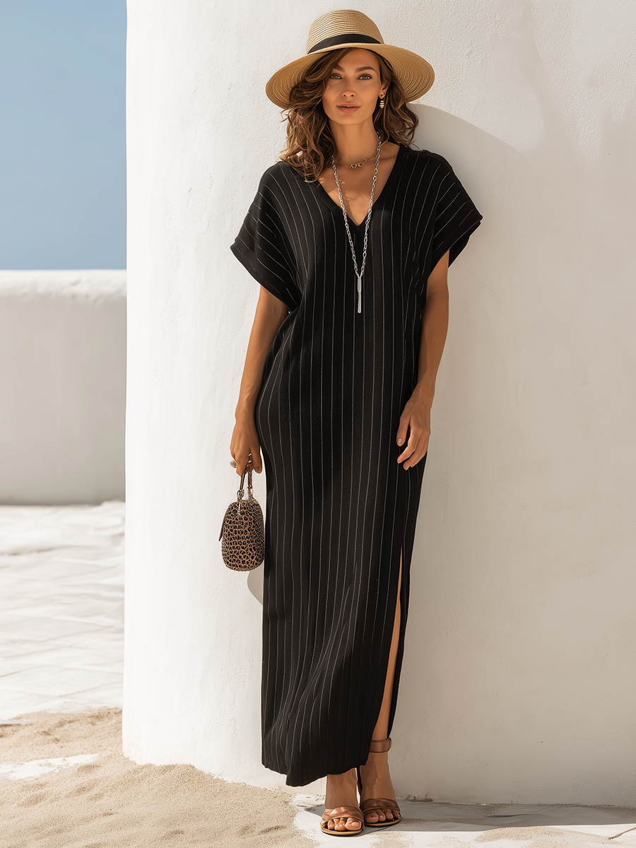 Resort-style Black Striped V-neck Slit Maxi Dress