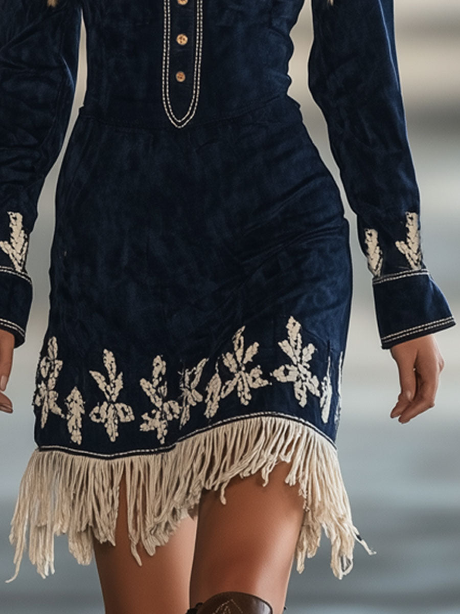 Vintage Navy Suede Embroidered Tassel Long Sleeve Mini Dress