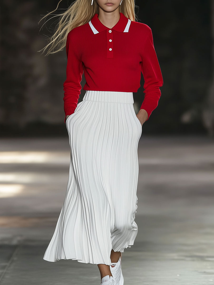 Fashion Sports Knitted Red Polo Shirt And White Pleated Skirt Set