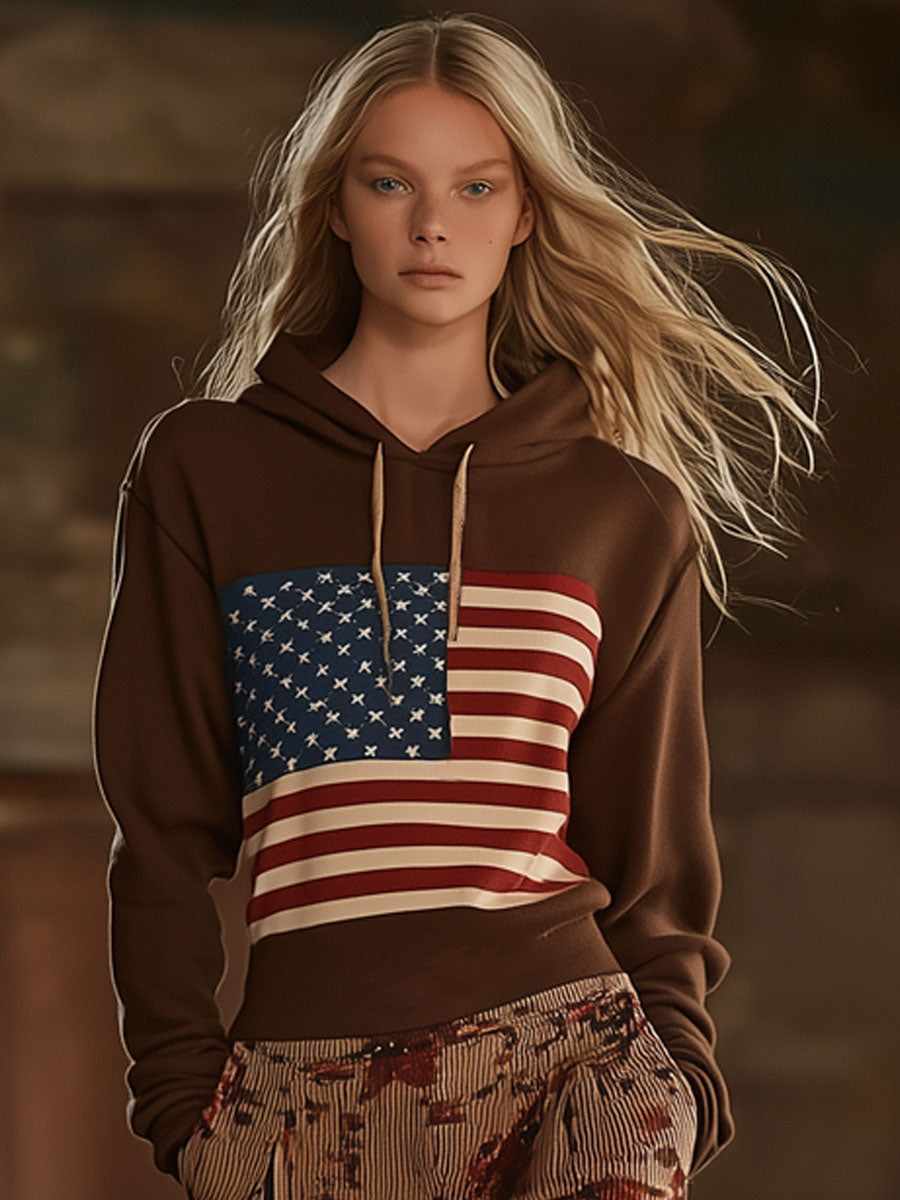 Vintage Casual American Flag Print Brown Hoodie