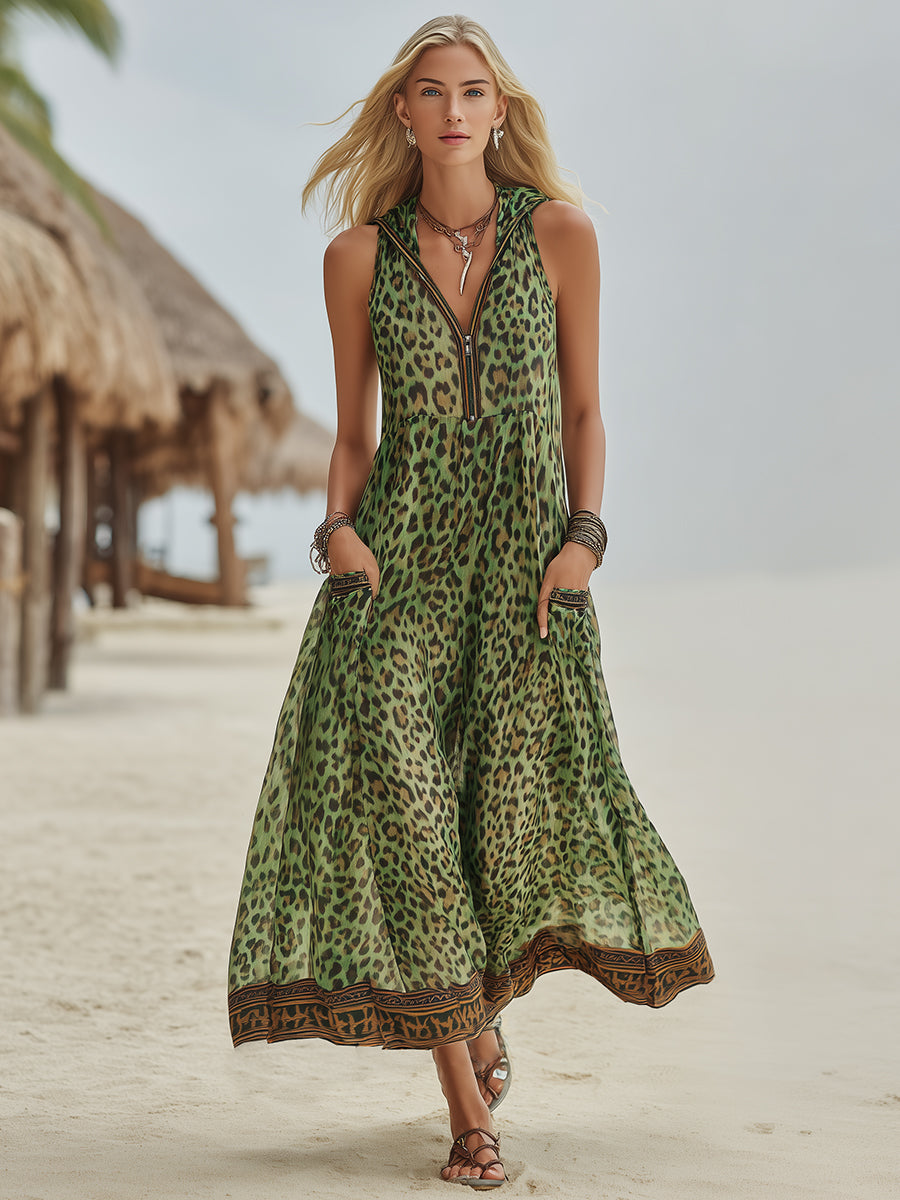 Retro Casual Green Leopard Print Chiffon Hooded Midi Dress