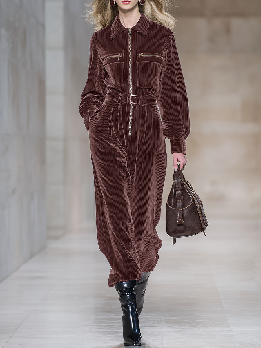Retro And Fashionable Lapel Wide-leg Corduroy Jumpsuit