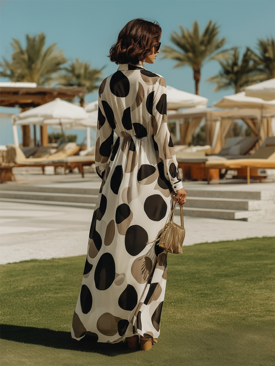 Vacation-style Chiffon Printed Long-sleeved Maxi Dress