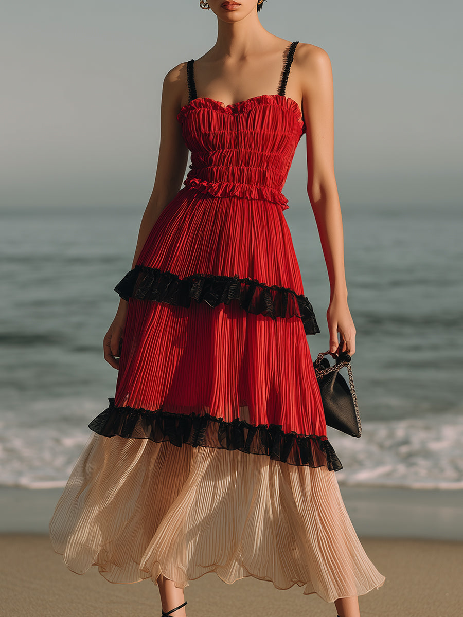 Fashion Party Red And Black And Beige Color Block Pleated Chiffon Spaghetti Strap Midi Dress