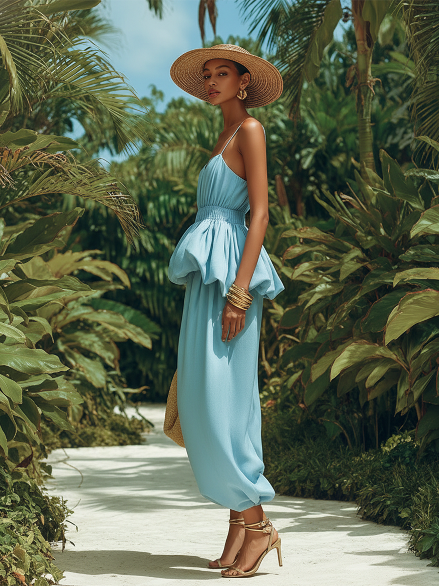 Casual Vacation Style Thin-strap Flared Hem Top And Matching Tapered Pants Set