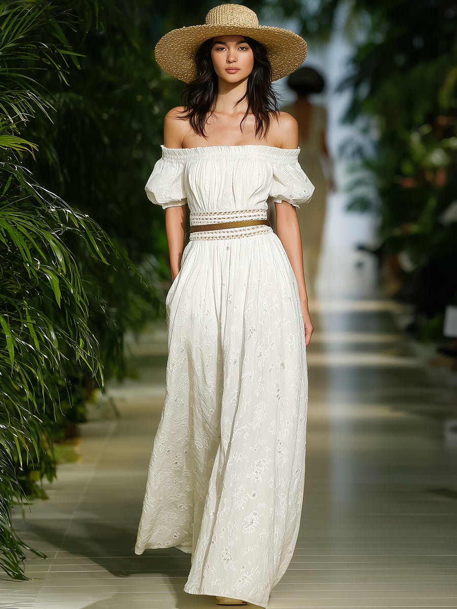 Elegant White Cotton Lace Off-shoulder Puff Sleeve Maxi Dress