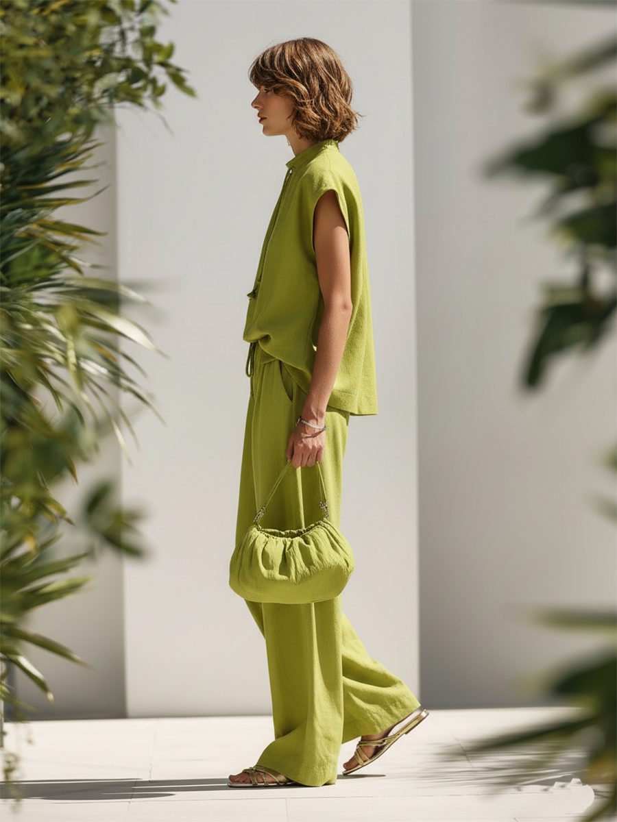 Vacation-style Cotton And Linen Sleeveless Round-neck Top And Trousers Set
