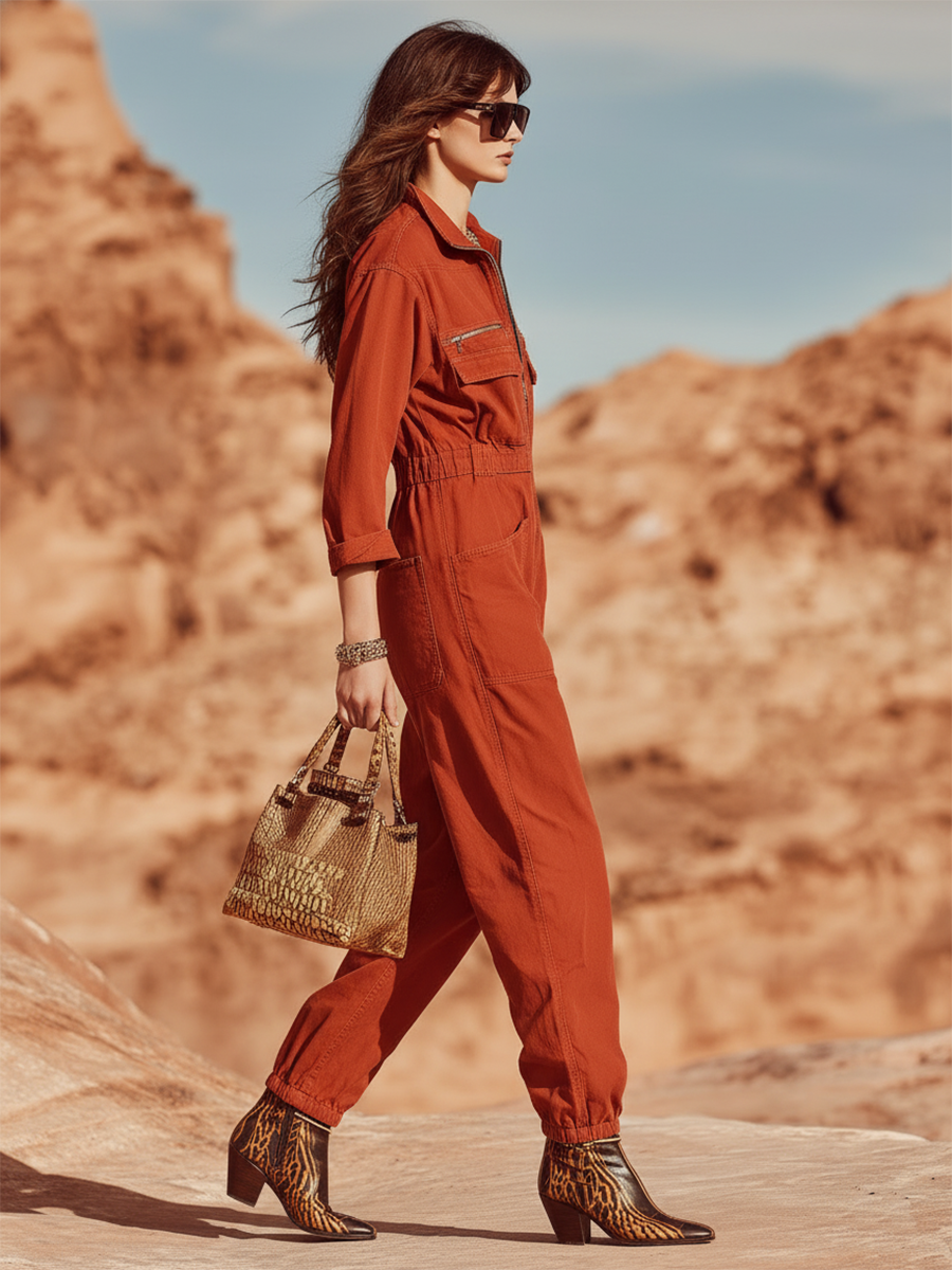 Vacation And Adventure Style Red Cotton Long-sleeved Jumpsuit