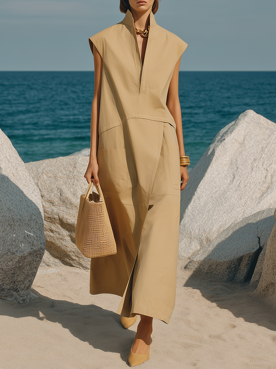 High-end Chic Sleeveless Light Khaki Maxi Dress