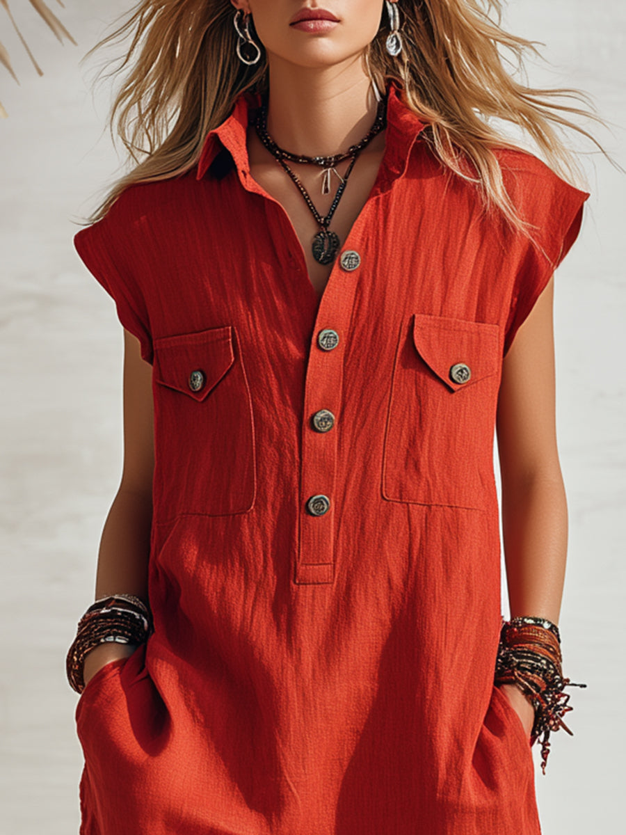 Bohemian Coast Red Cotton Linen Button-Down Sleeveless Mini Dress