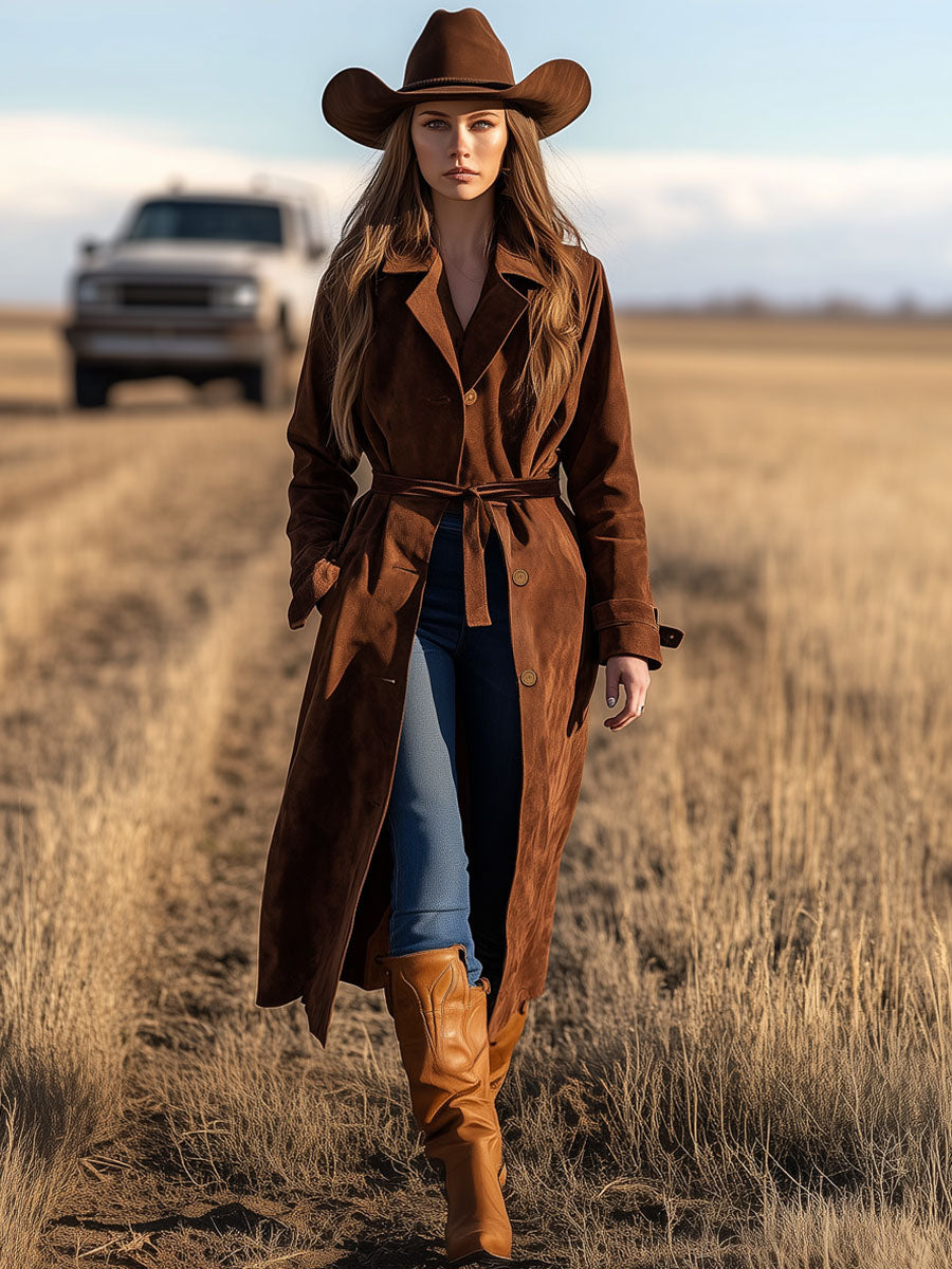 Western Vintage Caramel Suede Lace-Up Long Coat