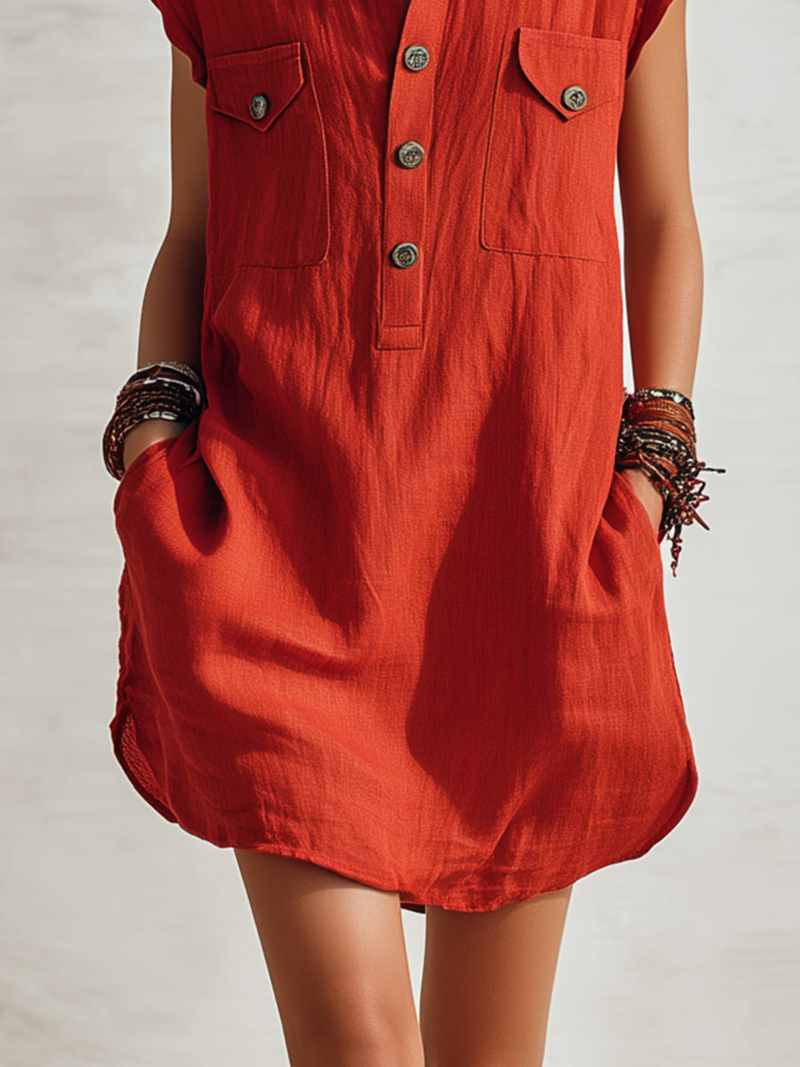 Bohemian Coast Red Cotton Linen Button-Down Sleeveless Mini Dress