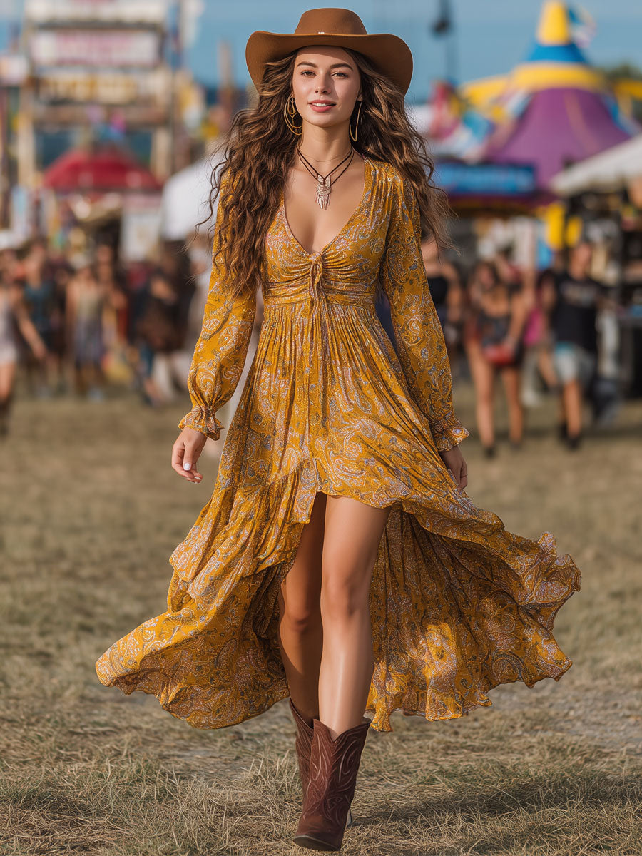 Vintage Bohemian Yellow Chiffon Paisley Print Long Sleeve Maxi Dress