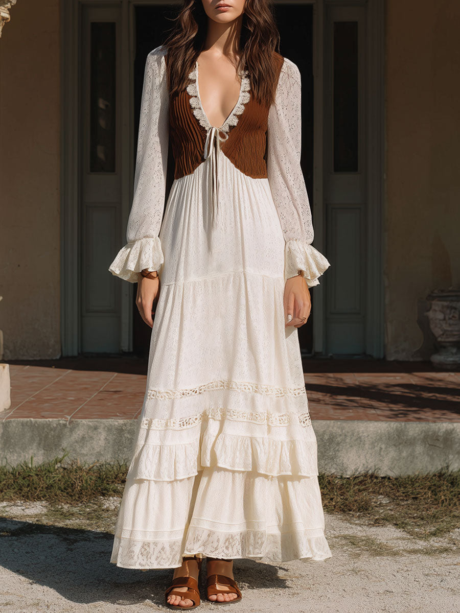 Retro Bohemian Brown Knitted Striped White Lace Cake Maxi Dress