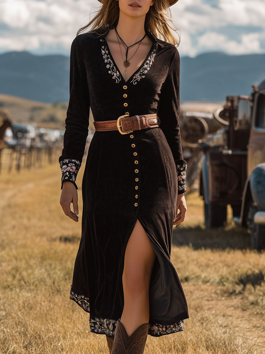 Western Retro Embroidery Black Suede Lace-Up Long Sleeve Midi Dress